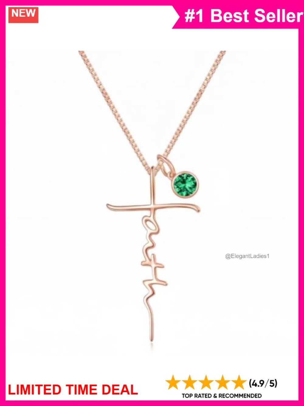 18K Gold Plated Faith Cross Necklace with May Birthstone